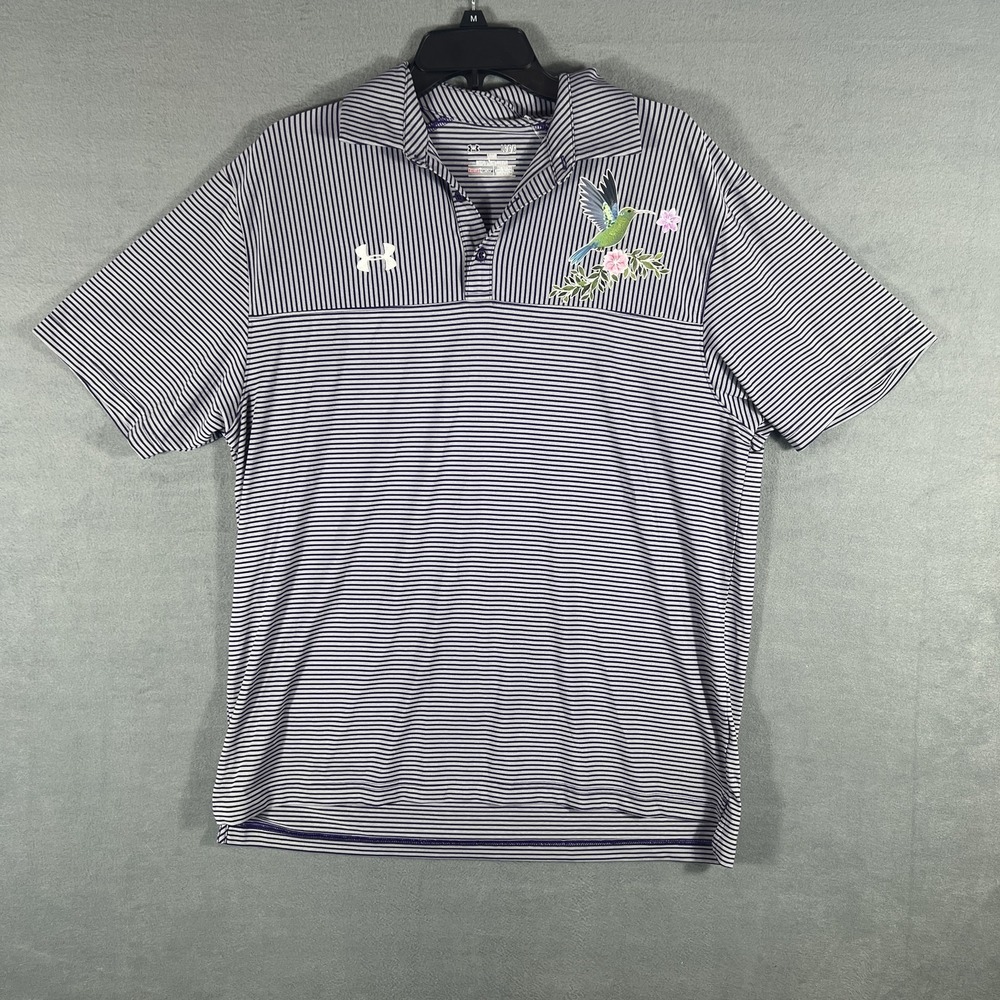 Under Armour Men's Large LG‎ Striped Polo Shirt HeatGear Loose Fit Hummingbird